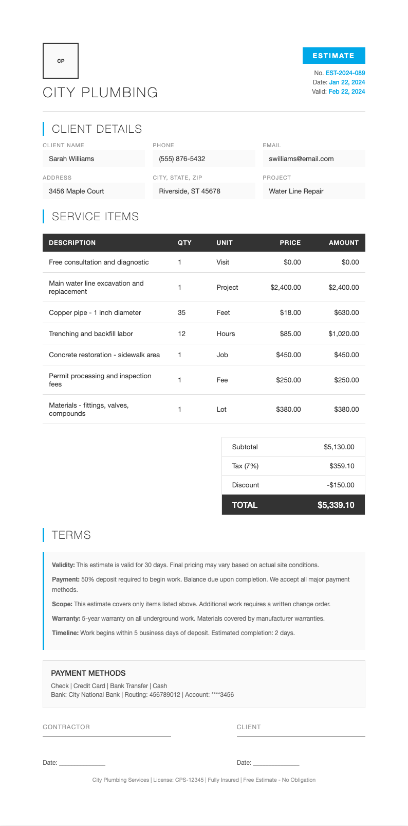 Corporate Standard plumbing estimate document